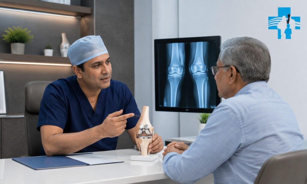 Patient walking with physiotherapist support after knee replacement surgery in Delhi