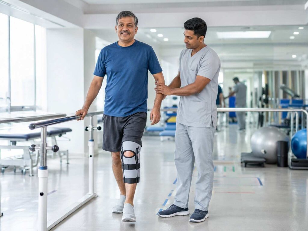 Doctor explaining knee replacement surgery to patient in Delhi